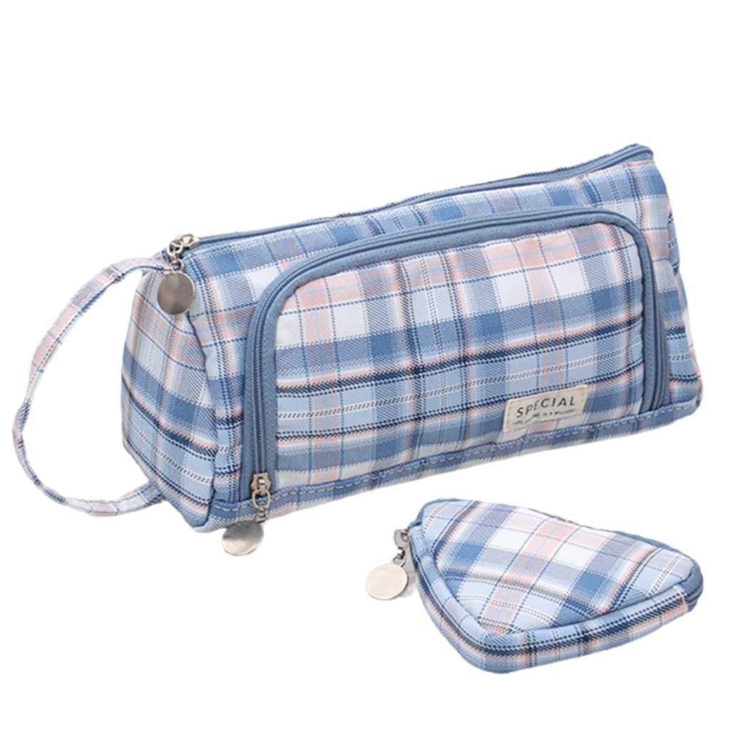 Climberty Schoolgirls Plaid Canvas Pencil Case - Big Capacity Pencil Case Pencil Bag Pouch with Multi Interior Compartments & Handle, Stationery Pen Cases for Stationery, Cosmetics & Travel (Blue) Climberty Schoolgirls Plaid Canvas Pencil Case - Big Capacity Pencil Case Pencil Bag Pouch with Multi Interior Compartments & Handle, Stationery Pen Cases for Stationery, Cosmetics & Travel (Blue)